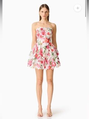 elliatt roselle pink floral print strapless tiered lace mini dress small NEW